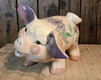 Cerdo de cerámica vintage pintado a mano por Kay Finch ~ Cerámica de California ~ Década de 1950