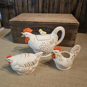 Vintage Unusual RARE Rooster Teapot, Hen Sugar Bowl and Rooster Creamer ~ Novelty Chicken Tea Set ~ Japan ~ 1940&#39;s