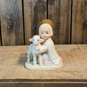 Vintage HOMCO Angel Child with Lamb ~ Holy Child Figurine ~ # 5605 ~ 1980s