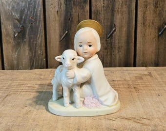 Figura del Niño Ángel con Cordero de HOMCO Vintage ~ Niño Santo ~ N.° 5605 ~ Década de 1980
