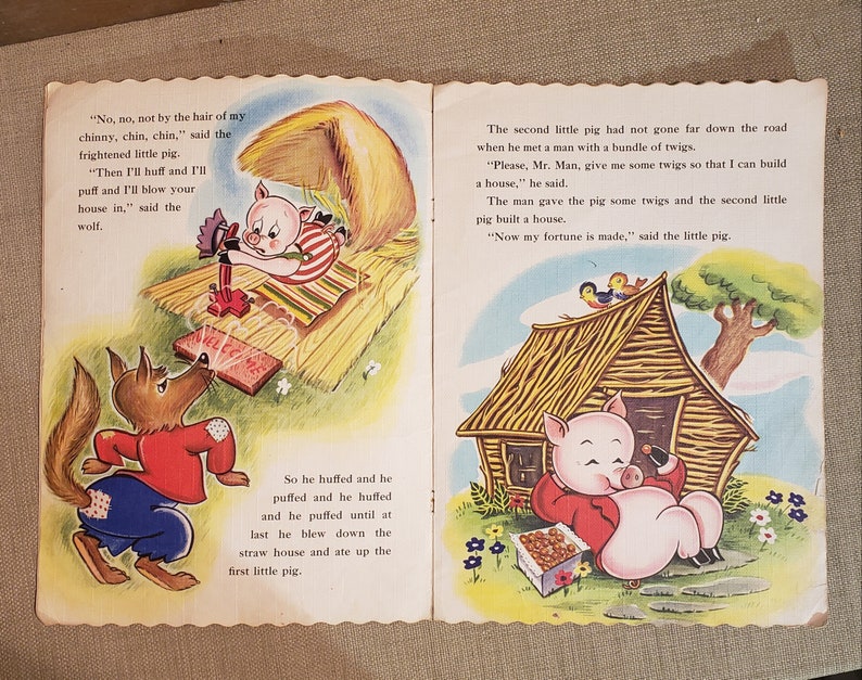 The Three Little Pigs Vintage over-sized soft cover linen-like book Copyright 1951 image 8