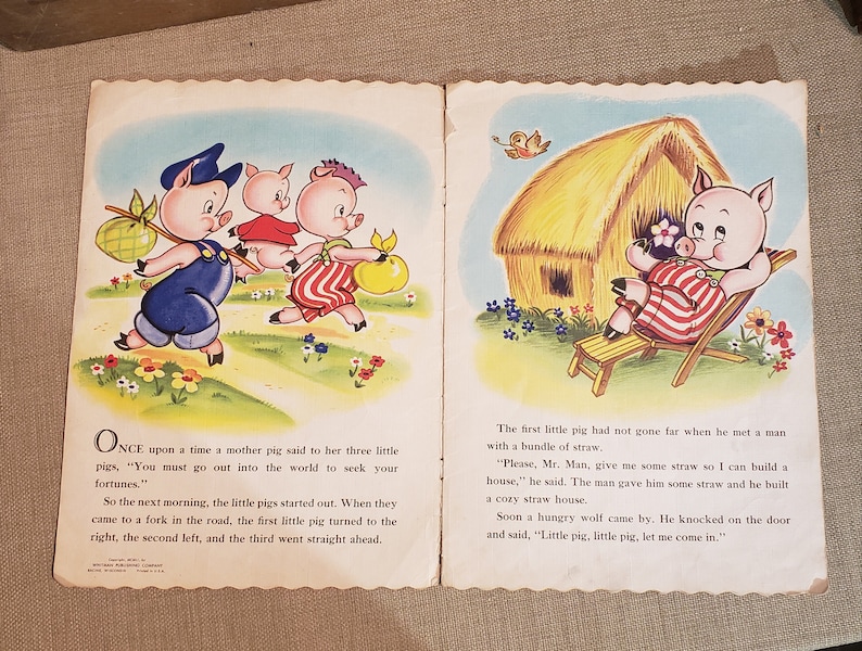 The Three Little Pigs Vintage over-sized soft cover linen-like book Copyright 1951 image 5