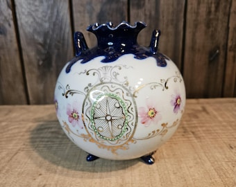 Antique Royal Nippon Hand Painted Footed Ball Vase ~ Gold Moriage ~ Cobalt Blue ~ Double Handles ~ 1880's
