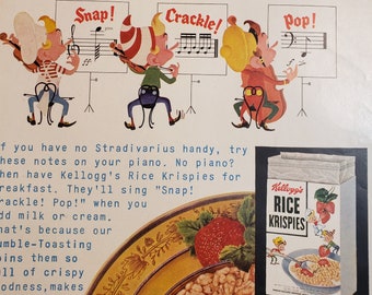 Original Vintage Kellogg's Rice Krispies Magazine Anuncio de 1957 ~ Snap! ¡Crujido! ¡Pop!