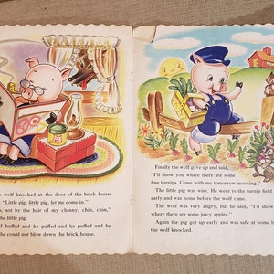 The Three Little Pigs Vintage over-sized soft cover linen-like book Copyright 1951 image 7