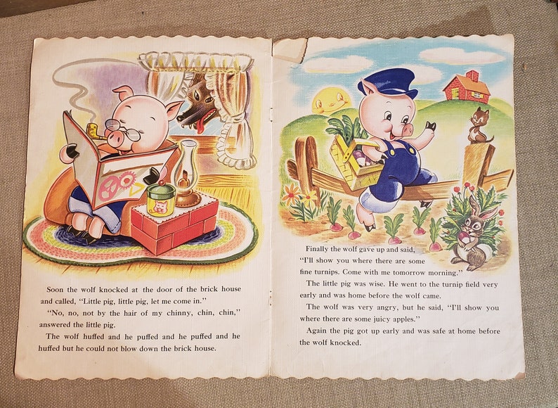 The Three Little Pigs Vintage over-sized soft cover linen-like book Copyright 1951 image 7