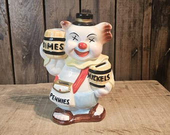 Alcancía vintage de payaso vagabundo ~ Alcancía coleccionable retro ~ Monedas de diez centavos, cinco centavos y centavos ~ 1968