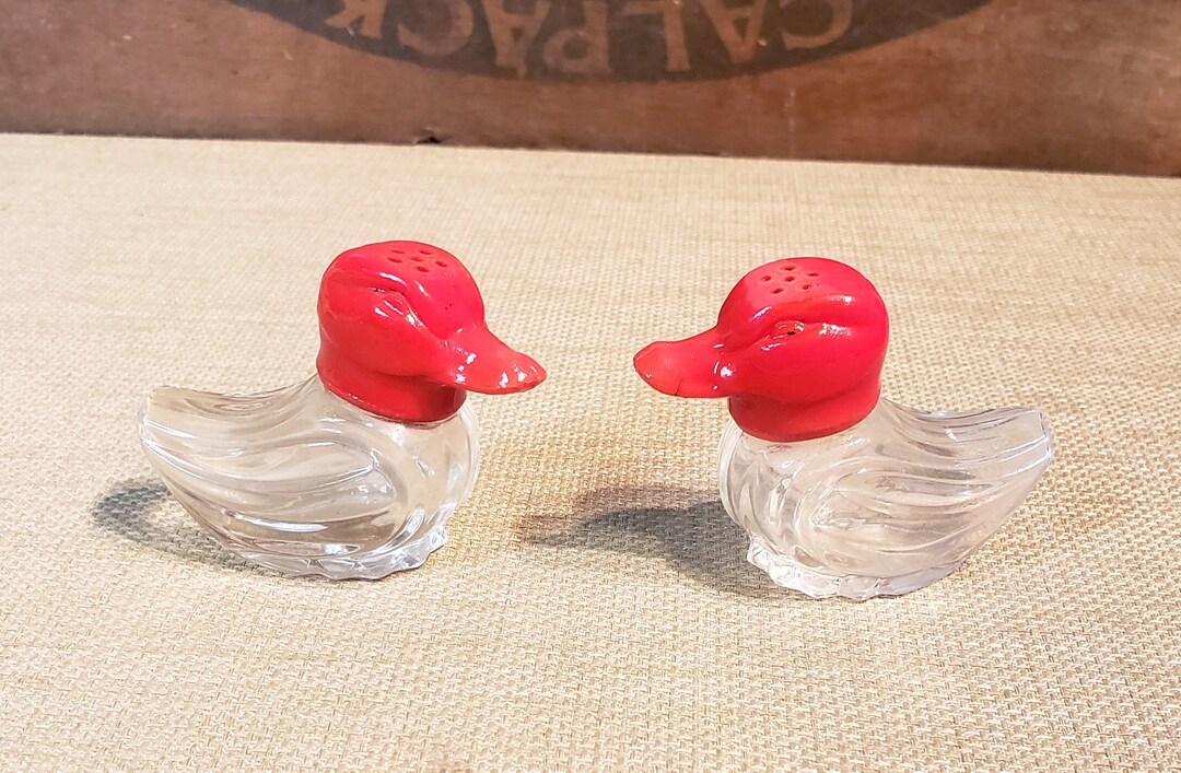 Vintage Glass Ducks Salt and Pepper Red Headed Glass Ducks S & P