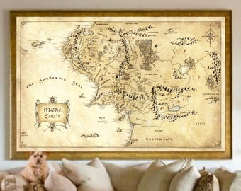 Map of Middle Earth, Lord Of The Rings Poster, Christmas Gifts, The Hobbit, Fantasy Map, Gift For Him, Christmas Decor, Middle Earth Canvas