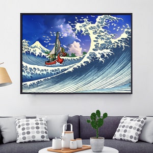 May include: A framed print depicting a stylized Japanese wave with a small sailboat. The artwork features a vibrant blue and white color palette, with a red boat sailing on the crest of a large wave. A mountain is visible in the background.