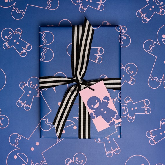 Christmas Wrapping Paper Pink & Blue Gingerbread Gift Wrap 