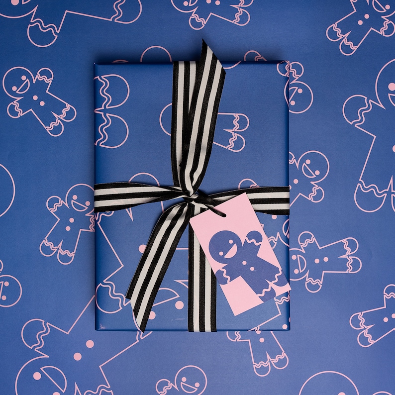 Kerst inpakpapier Roze en blauwe peperkoek cadeauverpakking seconden afbeelding 1