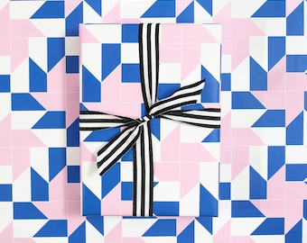 Christmas Wrapping Paper | Blue and Pink Patchwork Gift Wrap