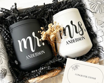 Personalized Wine Tumbler Gift Set / Gift for Couple/ Gift for Newly Wed/ Bride and Groom Can Cooler/ Engagement Gift for Mr. & Mrs.