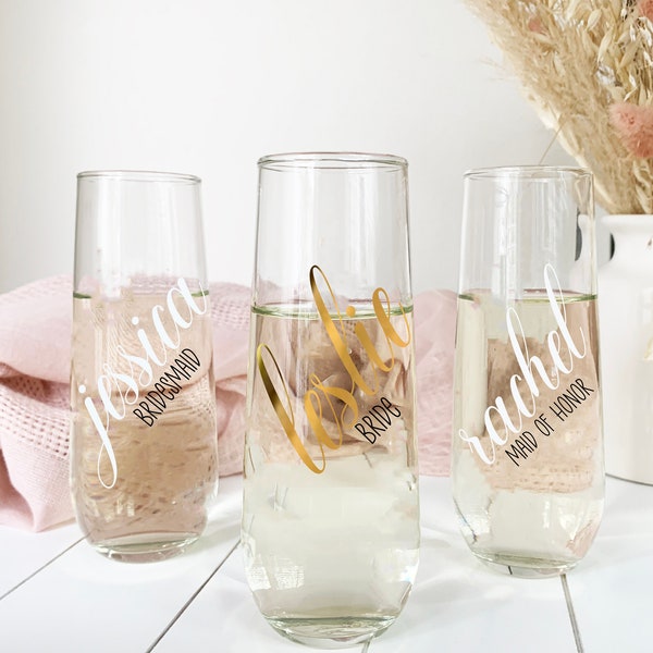 Personalized Champagne Flutes/ bridesmaid Stemless Flute/ Bridal Shower Champagne Flute/ Wedding Favor/ Wedding Brunch Flute