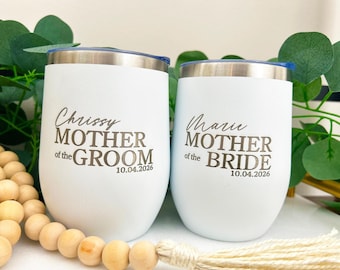 Mother of the Bride and Groom Wine Tumbler – Personalized Wedding Gift – Engraved Name & Date – Bridal Party Keepsake Cup