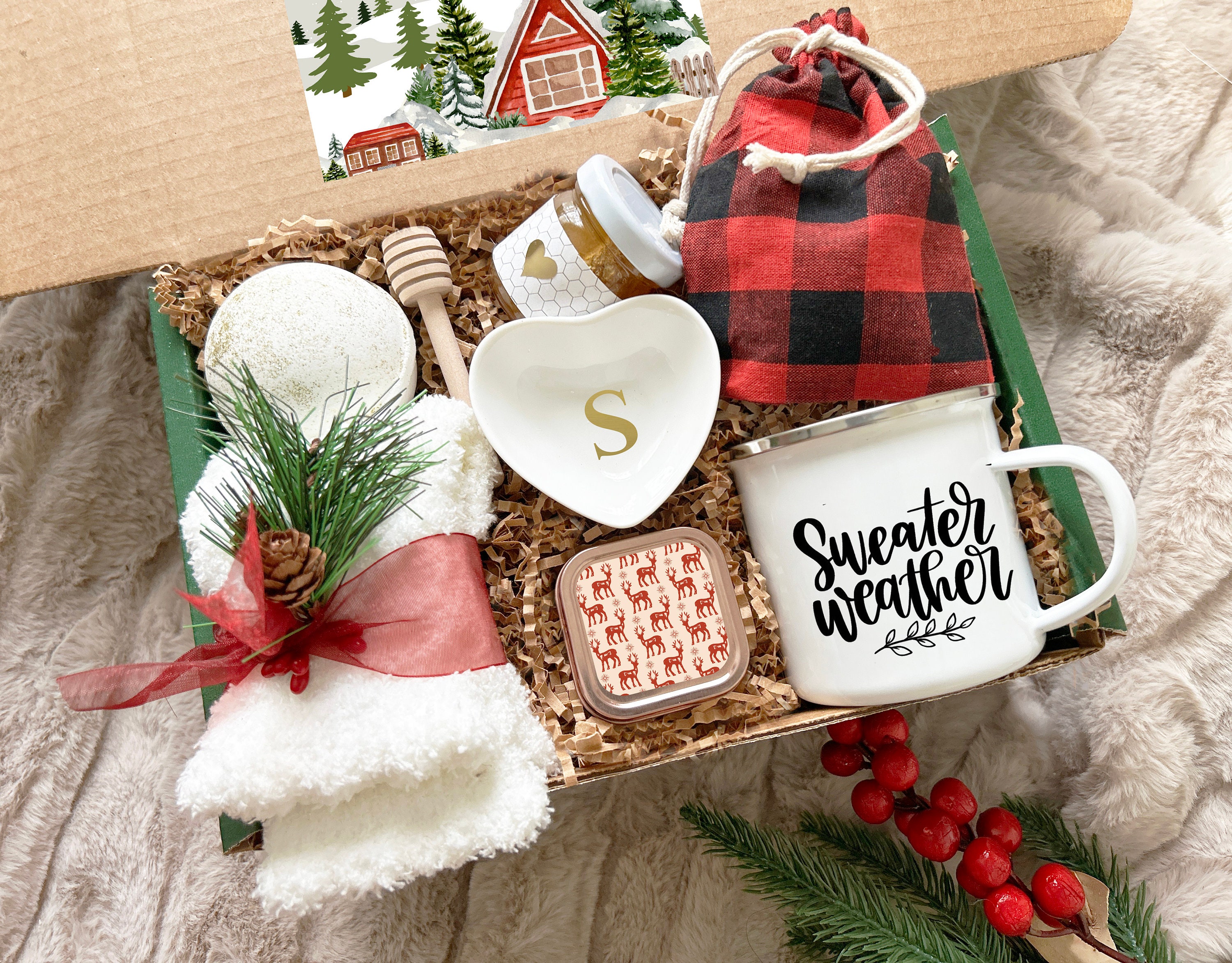 Fuzzy Christmas Socks & Christmas Mug Gift | Spa Gift Basket with Christmas Candle | Hickory Farms