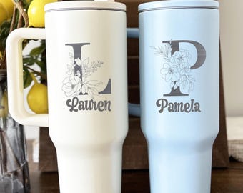 Personalized 40oz Tumbler with Handle | Custom Engraved Name & Initial | Stainless Steel Water Cup | Birthday Gift for Women and Girls