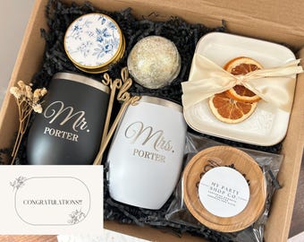 Personalized Engraved Wine Tumbler Gift Set – Custom Mr. & Mrs. Tumblers, Wedding or Engagement Keepsake Basket