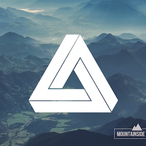 May include: A white triangle illusion logo against a backdrop of blue mountains. The logo is a symbol of the company Mountainside Vinyl.