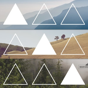 May include: Three white triangle shapes are layered over three different landscapes. The top layer shows a mountain range, the middle layer shows a grassy field, and the bottom layer shows a forest. The text "MOUNTAINSIDE VINYL" is in the bottom right corner.