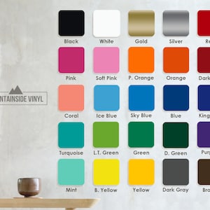 May include: A chart of 25 color swatches with the names of each color listed below. The colors include black, white, gold, silver, red, pink, soft pink, peach orange, orange, dark red, coral, ice blue, sky blue, blue, king blue, turquoise, light green, green, dark green, purple, mint, bright yellow, yellow, dark gray, and brown.