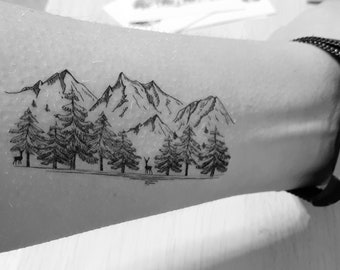 3 tatouages montagnes / chaîne de montagnes / tatouage nature / tatouage éphémère / tatouage chevreuil / tatouage sapin / pin/ noir