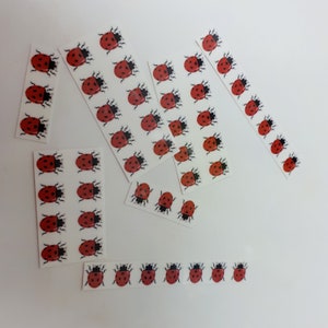 May include: A sheet of red and black ladybug stickers. The stickers are arranged in rows on a white background.