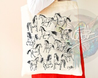 Horses Cotton Tote Bag | Hand Drawn Design | Natural Cotton Tote Bags | Screen Printed Canvas Cloth | Cute Animal | Pony, Ponies Horse Lover