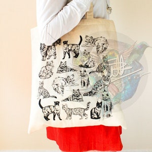 Cats Cotton Tote Bag | Hand Drawn Design | Natural Cotton Tote Bags | Screen Printed Canvas Cloth | Cute Animal | Pets, Cat Owner Cat Lover