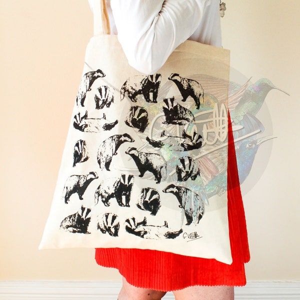 Badgers Cotton Tote Bag | Hand Drawn Design | Natural Cotton Tote Bags | Screen Printed Canvas Cloth | Cute Animal | British Wildlife, Dens