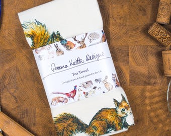Red Squirrels Hand Printed Tea Towel - Personalise - Customise