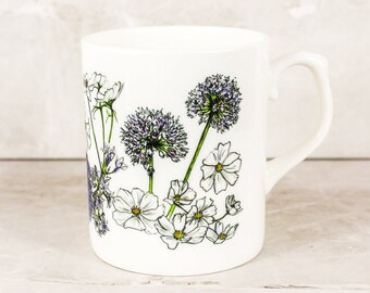 Blue Flowers Bone China Mug - Hand Drawn Design by Artist - Hand Printed - Fine Bone China - Animals Mug - Blue Floral, Sweet Pea, Allium