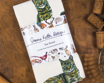 Brown Tabby Cat Hand Printed Tea Towel - Personalise - Customise