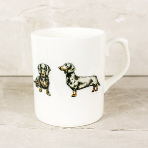 Dachshund Bone China Mug - Hand Drawn Design by Artist - Hand Printed - Fine Bone China - Animals Mug - Dog Gift, Sausage Dog Mug, Pet Owner