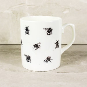 Bees Bone China Mug - Hand Drawn Design by Artist - Hand Printed - Fine Bone China - Animals Mug - Beekeeper, Manchester Bee, Bumble Bee