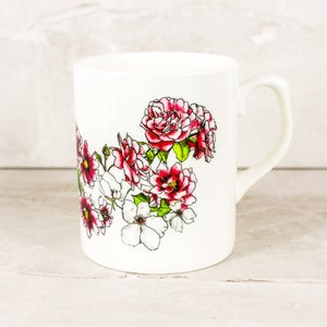 Pink Flowers Bone China Mug - Hand Drawn Design by Artist - Hand Printed - Fine Bone China - Flowers Mug - Floral, Pink Roses, Peony, Pretty