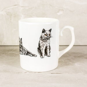 British Blue Bone China Mug - Hand Drawn Design by Artist - Hand Printed - Fine Bone China - Animals Mug - Cat Gift, British Shorthair Pets