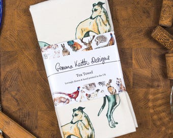 Whippet Dog Hand Printed Tea Towel - Personalise - Customise