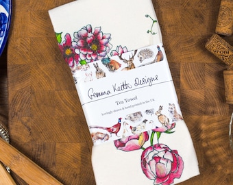 Pink Flowers Hand Printed Tea Towel - Personalise - Customise