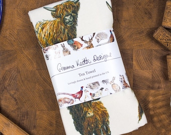 Highland Cow Farm Hand Printed Tea Towel - Personalise - Customise -