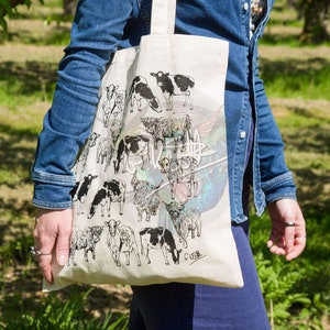 Cows Cotton Tote Bag | Hand Drawn Design | Natural Cotton Tote Bags | Screen Printed Canvas Cloth | Cute Animal | Dairy Cows, Highland, Farm