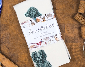 Black Cocker Spaniel Dog Hand Printed Tea Towel - Personalise - Customise