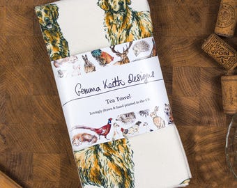 Golden Retriever Dog Hand Printed Tea Towel - Personalise - Customise