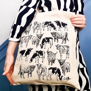 Cows Cotton Tote Bag | Hand Drawn Design | Natural Cotton Tote Bags | Screen Printed Canvas Cloth | Cute Animal | Dairy Cows, Highland, Farm