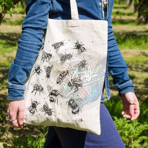 Bee Cotton Tote Bag | Hand Drawn Design | Natural Cotton Tote Bags | Screen Printed Canvas Cloth | Cute Animal | Bumble Bee, Garden, Insect