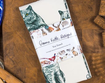 British Blue Shorthair Cat Hand Printed Tea Towel - Personalise - Customise