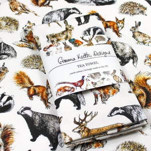 British Wildlife Cotton Tea Towel | Made in the UK | Hand Drawn Design by Gemma Keith | 100% Cotton | Woodland Animals | British Design