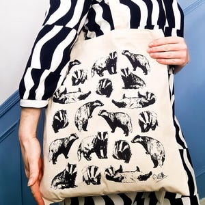 Badger Cotton Tote Bag | Hand Drawn Design | Natural Cotton Tote Bags | Screen Printed Canvas Cloth | Cute Animal | British Wildlife Black
