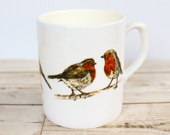 Robins Bone China Mug - Hand Drawn Design - Printed in the UK - Birds, Wildlife, Red, Christmas